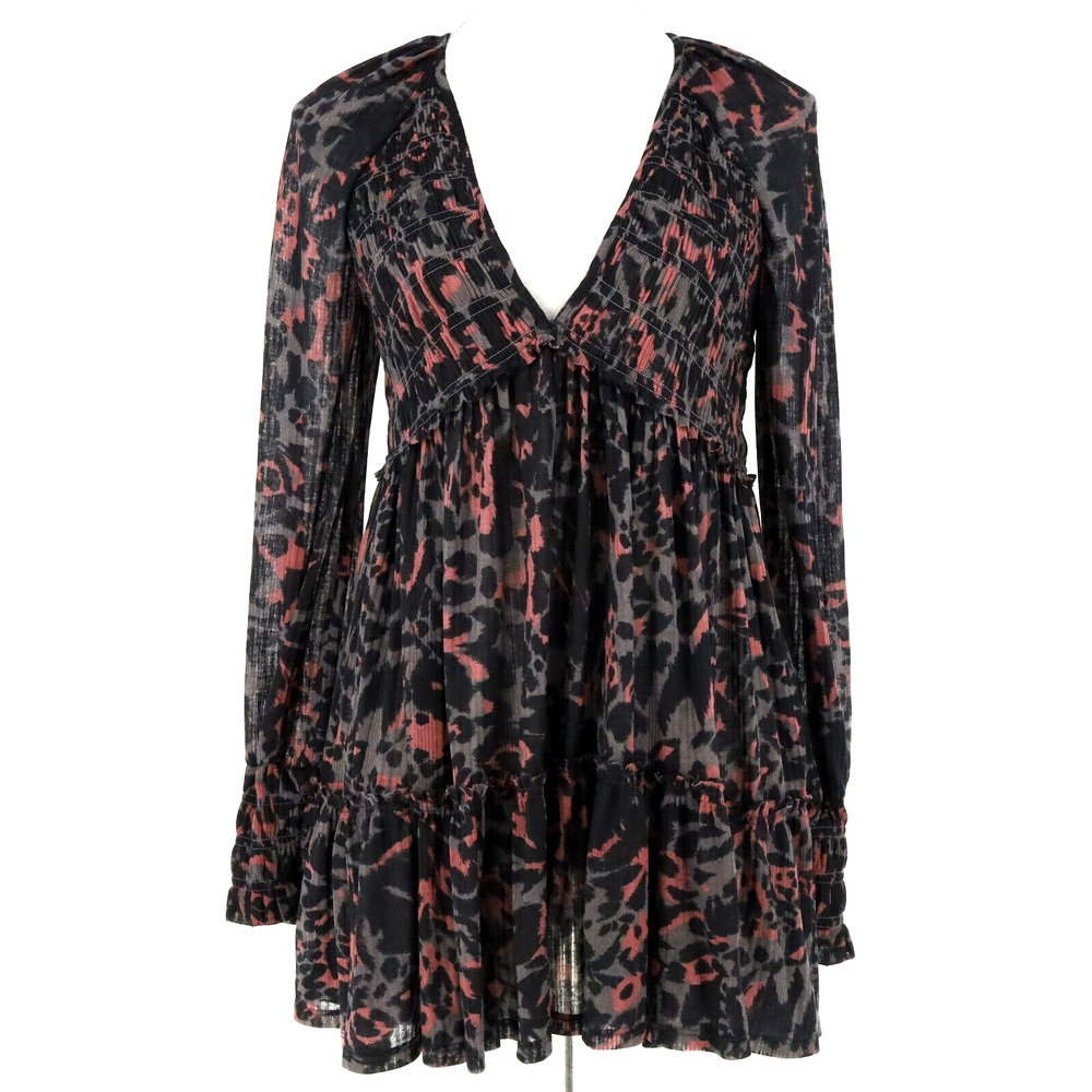 Free People Black and Rust Leopard-Pattern Long Sleeve Mini Dress